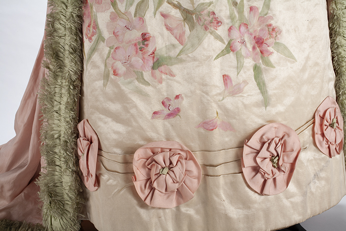 Image of Silk ball gown worn by Alsora Hayner Fry, with rhododendron design handpainted by Jessie Elliot, 1893